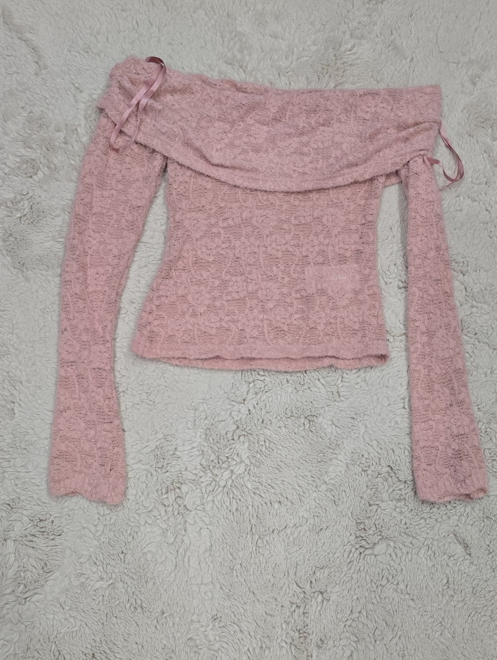 Kimchi Blue Blush Pink Off-the-Shoulder Lace Knit Sweater
